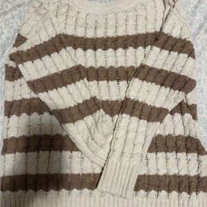 Pilcro Cream and Brown Striped Crewneck Sweater